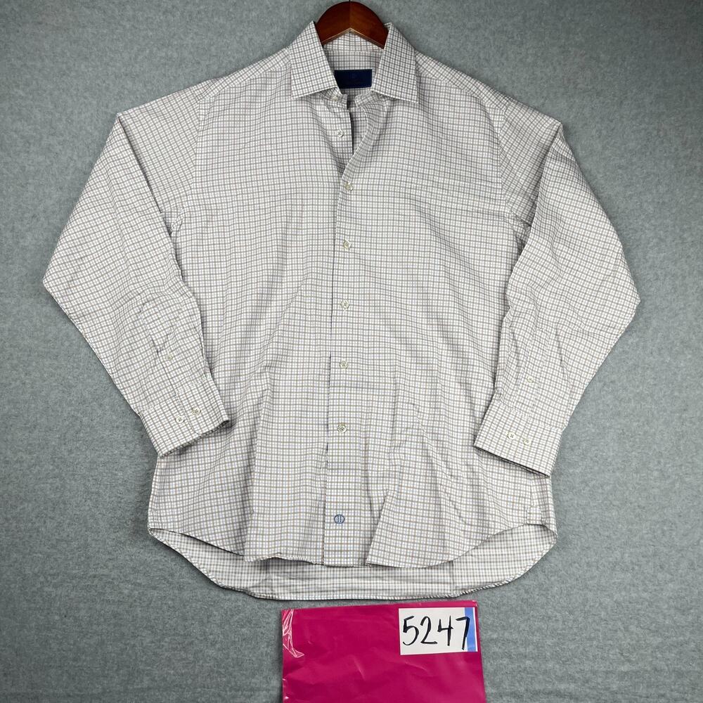David Donahue Shirt 16 Tattersall Beige Blue Check Button Up Long Sleeve Mens